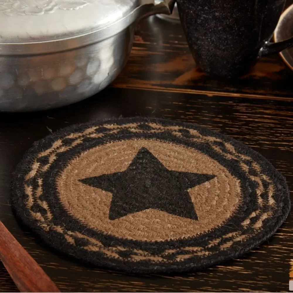 Primitive Black Star Jute Braided 8 Inch Table Trivet Farmhouse Country
